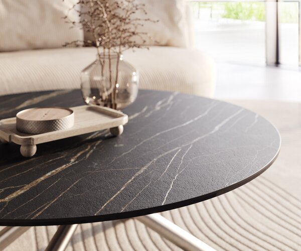 DELIFE Dohányzóasztal Edge kerek 100x100 cm Laminam® kerámia Noir Desir barna rozsdamentes acél szálcsiszolt