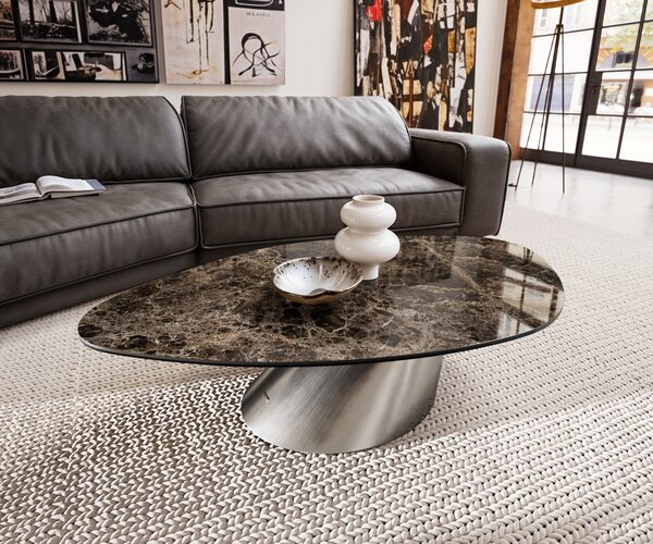 DELIFE Dohányzóasztal Edge organikus 140x76 cm Laminam® Emperador kerámia extra polírozott sötétbarna Conis rozsdamentes acél szálcsiszolt