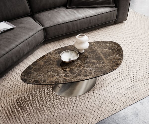 DELIFE Dohányzóasztal Edge organikus 140x76 cm Laminam® Emperador kerámia extra polírozott sötétbarna Conis rozsdamentes acél szálcsiszolt