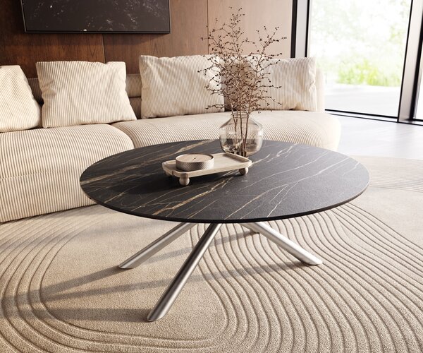 DELIFE Dohányzóasztal Edge kerek 100x100 cm Laminam® kerámia Noir Desir barna rozsdamentes acél szálcsiszolt
