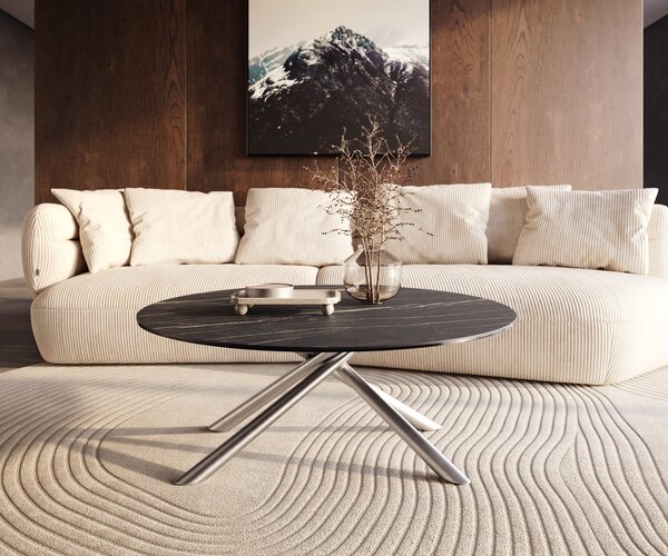 DELIFE Dohányzóasztal Edge kerek 100x100 cm Laminam® kerámia Noir Desir barna rozsdamentes acél szálcsiszolt