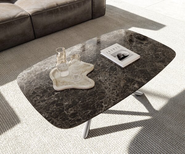 DELIFE Dohányzóasztal Edge hajóformájú 120x70 cm Laminam® Emperador kerámia extra polírozott sötétbarna Sarity rozsdamentes acél szálcsiszolt