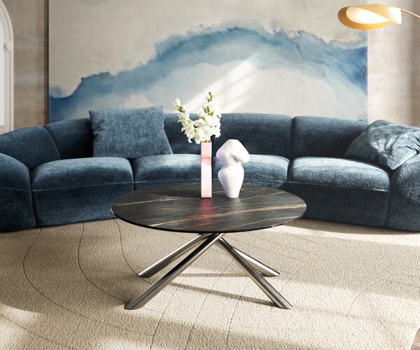 DELIFE Dohányzóasztal Edge kerek 90x90 cm Laminam® kerámia Noir Desir barna rozsdamentes acél szálcsiszolt