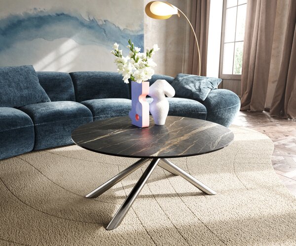 DELIFE Dohányzóasztal Edge kerek 90x90 cm Laminam® kerámia Noir Desir barna rozsdamentes acél szálcsiszolt