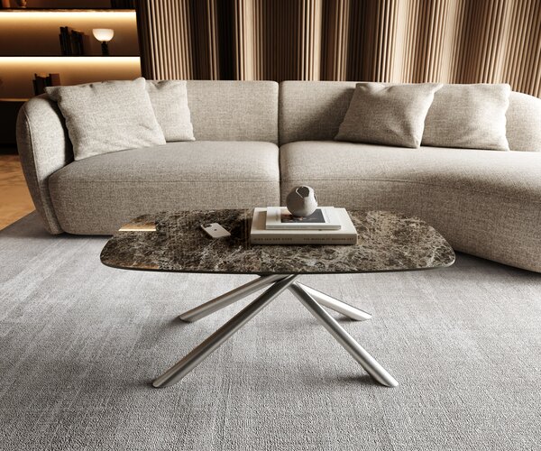 DELIFE Dohányzóasztal Edge hajóformájú 100x50 cm Laminam® Emperador kerámia extra polírozott sötétbarna Sarity rozsdamentes acél szálcsiszolt