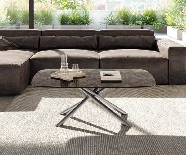 DELIFE Dohányzóasztal Edge hajóformájú 120x70 cm Laminam® Emperador kerámia extra polírozott sötétbarna Sarity rozsdamentes acél szálcsiszolt