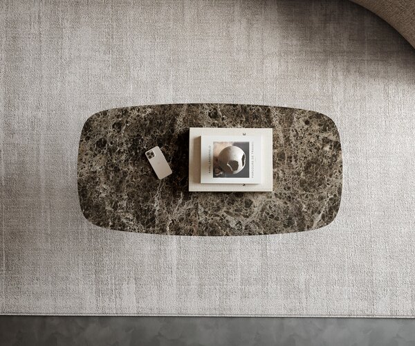 DELIFE Dohányzóasztal Edge hajóformájú 100x50 cm Laminam® Emperador kerámia extra polírozott sötétbarna Sarity rozsdamentes acél szálcsiszolt