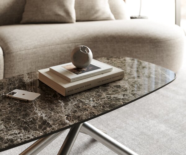 DELIFE Dohányzóasztal Edge hajóformájú 100x50 cm Laminam® Emperador kerámia extra polírozott sötétbarna Sarity rozsdamentes acél szálcsiszolt