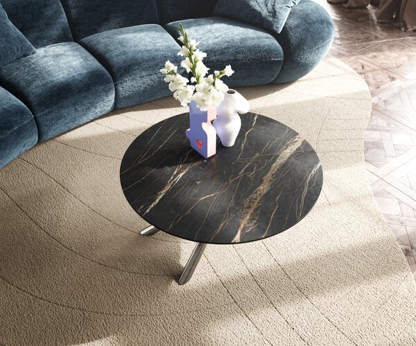 DELIFE Dohányzóasztal Edge kerek 90x90 cm Laminam® kerámia Noir Desir barna rozsdamentes acél szálcsiszolt