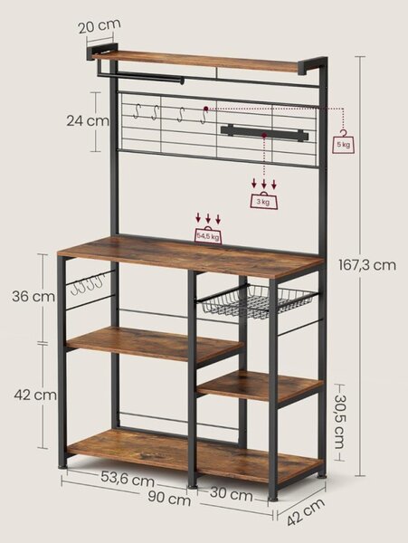 VASAGLE KKS026B01 Konyhai Állványos Polc Mágneses Késtartóval Vintage Barna/Fekete
