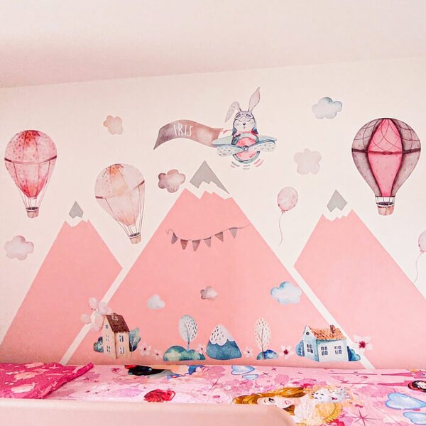 INSPIO - átragasztható textil matrica - Falmatrica gyerekszobába - Rózsaszín hőlégballon matrica névvel gyerekszobába