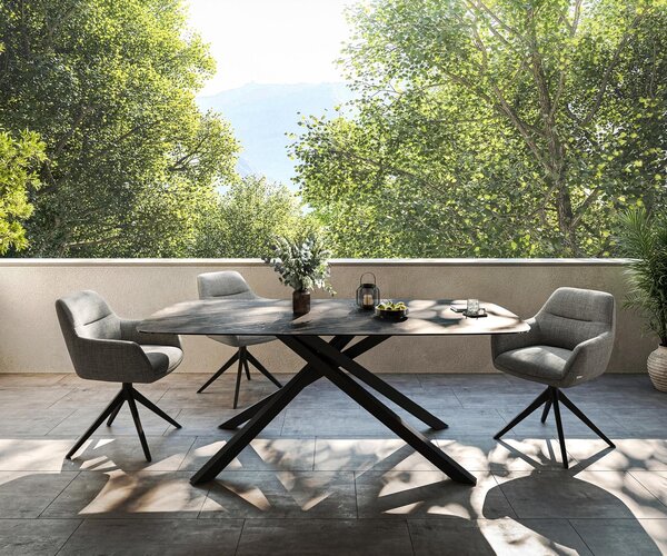 DELIFE Kültéri étkezőasztal Edge hajóformájú 200x100 cm Laminam® kerámia Noir Desir barna kereszt láb téglalap alakú fekete