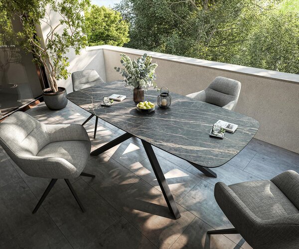 DELIFE Kültéri étkezőasztal Edge hajóformájú 200x100 cm Laminam® kerámia Noir Desir barna kereszt láb téglalap alakú fekete