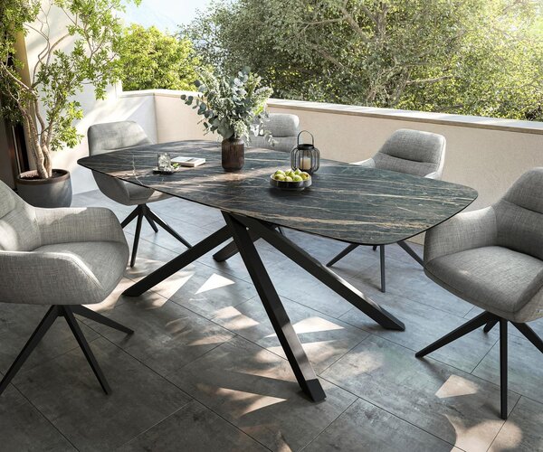 DELIFE Kültéri étkezőasztal Edge hajóformájú 200x100 cm Laminam® kerámia Noir Desir barna kereszt láb téglalap alakú fekete