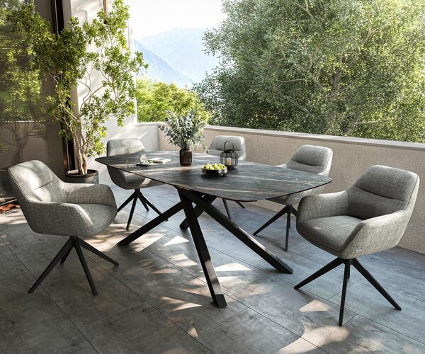DELIFE Kültéri étkezőasztal Edge hajóformájú 200x100 cm Laminam® kerámia Noir Desir barna kereszt láb téglalap alakú fekete