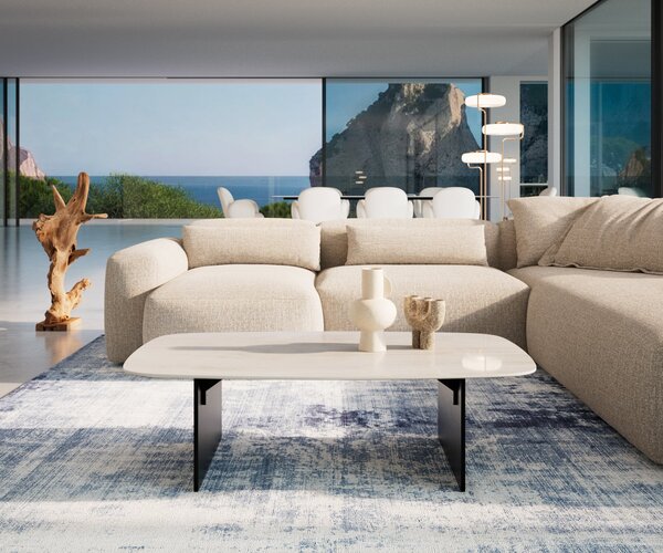 DELIFE Dohányzóasztal Edge hajóformájú 120x70 cm kerámia ónix pezsgő Salto fém fekete