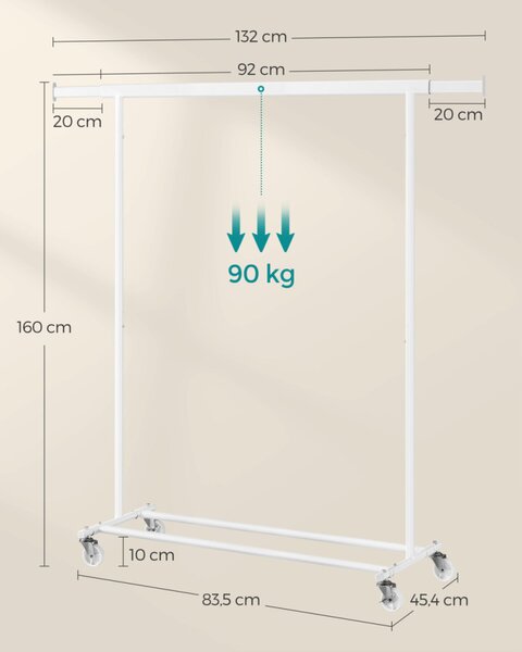 SONGMICS HSR013W01 Gurulós Ruhásállvány Acél Klasszikus Fehér 90 kg Teherbírással