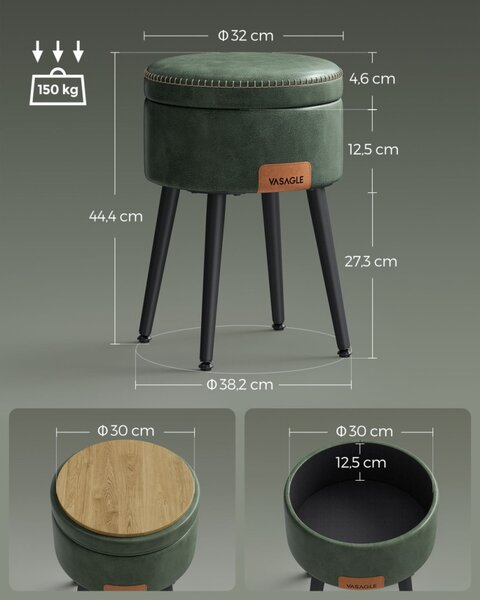 VASAGLE EKHO tároló ülőke fésülködőasztalhoz PU erdőzöld mid-century modern