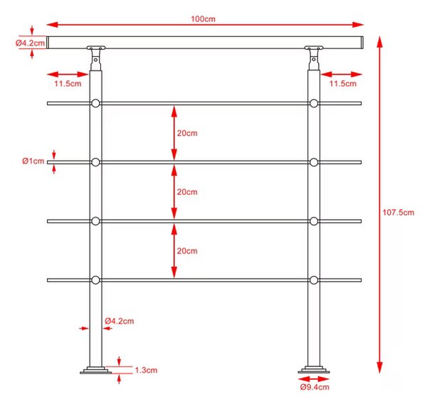 Deuba Lépcsőkorlát 4 merevítővel - 100 cm