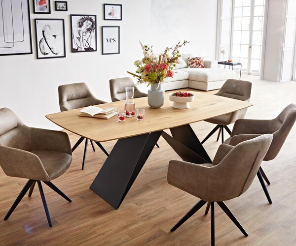 DELIFE Étkezőasztal Edge hajóformájú 200x100x2,5-3 cm tölgy természetes V-láb laposacél fekete svájci él