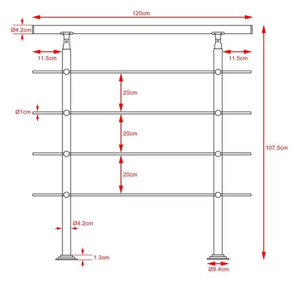 Deuba Lépcsőkorlát 4 merevítővel - 120 cm