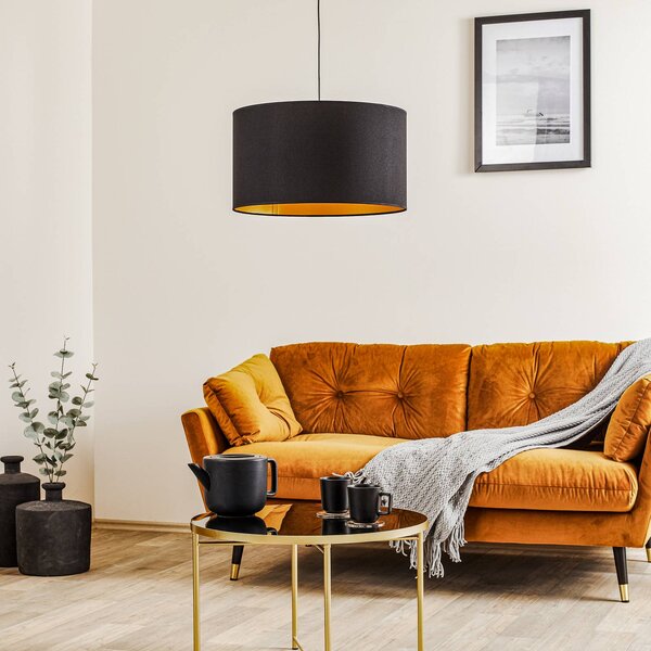 Euluna Roller lógó lámpa, fekete/arany, Ø 45 cm, dimmelhető, Fekete, Nappali / Étkező, Textil / szövet / selyem, Modern