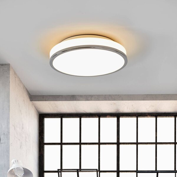 Lindby LED mennyezeti világítás Lyss, Ø 28 cm, króm színű, IP44, Fehér / opál, Fürdőszoba, Üveg, Modern