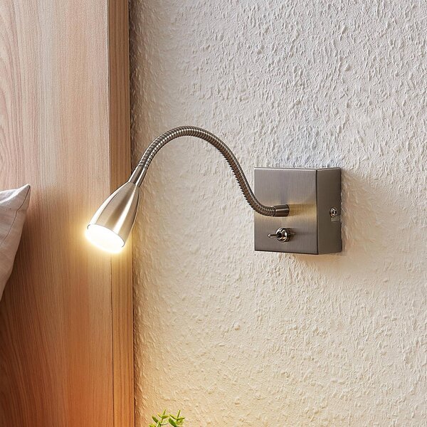 Lindby Jolka LED olvasólámpa, kapcsoló, nikkel, Alu / szürke / cink, Hálószoba, fém, Modern