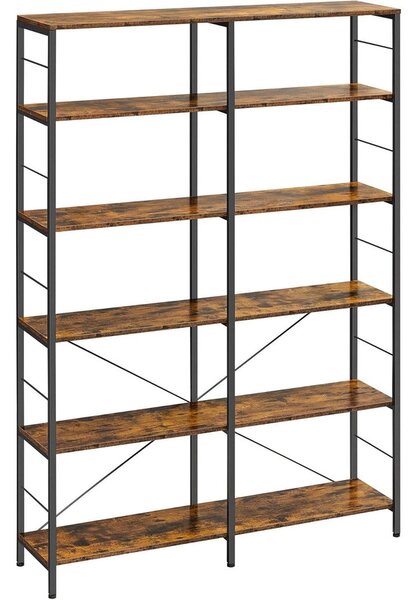 6 szintes könyvespolc, magas tárolópolc, 30 x 120 x 170 cm, barna és fekete