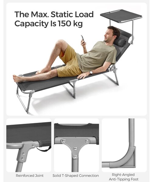 Összecsukható napozóágy napellenzővel 53 x 193 x 29,5 cm, 150 kg-ig terhelhető, sötétszürke
