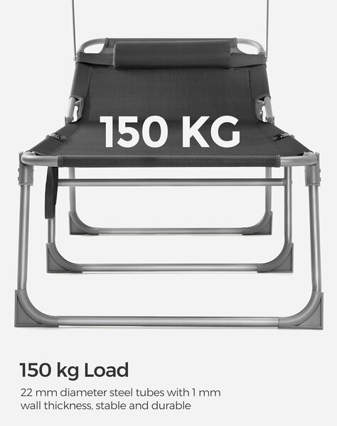 Összecsukható napozóágy napellenzővel 53 x 193 x 29,5 cm, 150 kg-ig terhelhető, sötétszürke