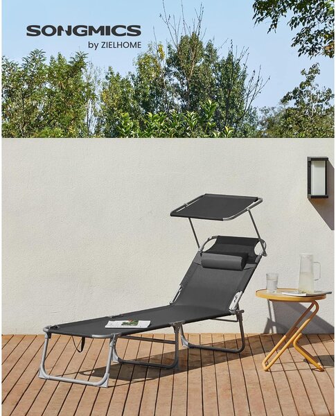 Összecsukható napozóágy napellenzővel 53 x 193 x 29,5 cm, 150 kg-ig terhelhető, sötétszürke