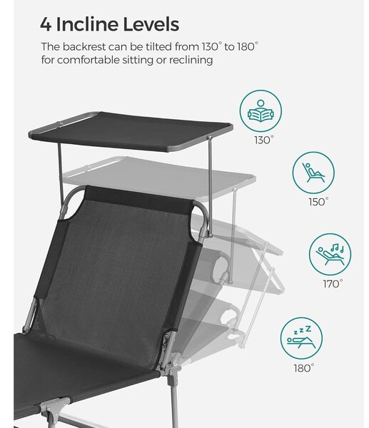 Összecsukható napozóágy napellenzővel 53 x 193 x 29,5 cm, 150 kg-ig terhelhető, sötétszürke