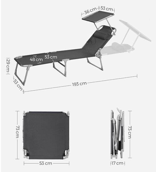 Összecsukható napozóágy napellenzővel 53 x 193 x 29,5 cm, 150 kg-ig terhelhető, sötétszürke