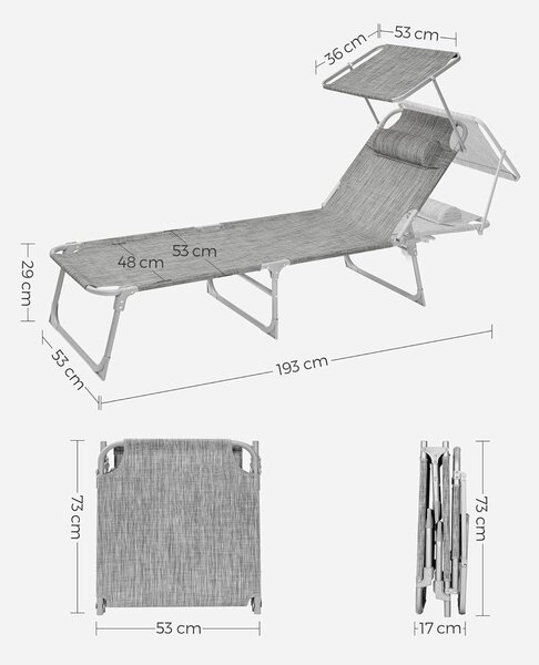 Összecsukható napozóágy napellenzővel 53 x 193 x 29,5 cm, 150 kg-ig terhelhető, Greige