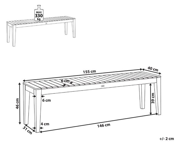 Kerti pad CHIOGGIA 155 cm Tanúsított akácfa Világosbarna