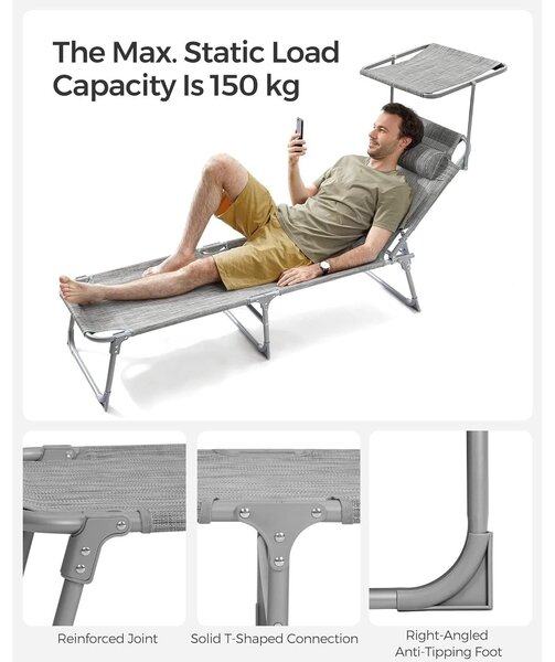 Összecsukható napozóágy napellenzővel 53 x 193 x 29,5 cm, 150 kg-ig terhelhető, Greige