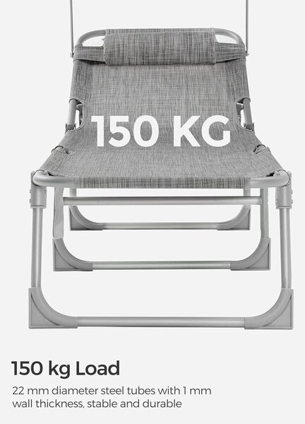 Összecsukható napozóágy napellenzővel 53 x 193 x 29,5 cm, 150 kg-ig terhelhető, Greige