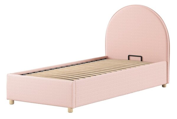 Rózsaszín kárpitozott ágyneműtartós egyszemélyes ágy ágyráccsal 90x200 cm Moon – Vipack