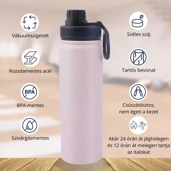Rózsaszín Termosz Kulacs Rozsdamentes Acél Anyagból, Szivárgásmentes Kupakkal, Hidegen és Melegen Tartó Funkcióval - 650 ml