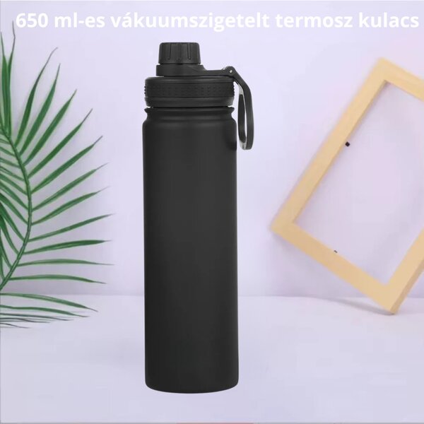 Fekete Termosz Kulacs Rozsdamentes Acél Anyagból, Szivárgásmentes Kupakkal, Hidegen és Melegen Tartó Funkcióval - 650 ml