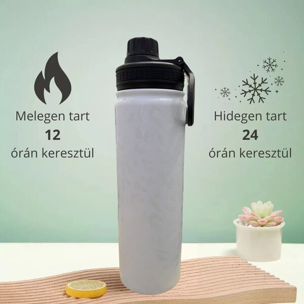Fehér, Párducmintás Termosz Kulacs Rozsdamentes Acél Anyagból, Szivárgásmentes Kupakkal, Hidegen és Melegen Tartó Funkcióval - 650 ml