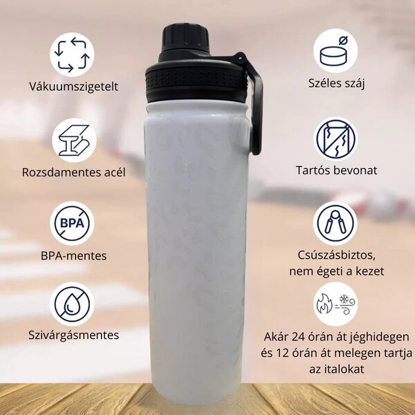 Fehér, Párducmintás Termosz Kulacs Rozsdamentes Acél Anyagból, Szivárgásmentes Kupakkal, Hidegen és Melegen Tartó Funkcióval - 650 ml