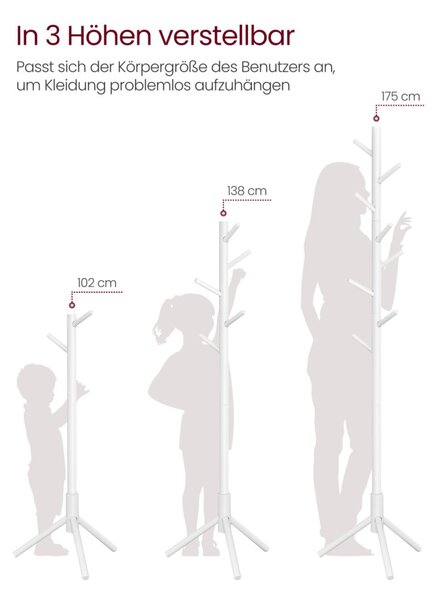 VASAGLE álló ruhafogas tömör fa fehér 8 akasztóval állítható magassággal