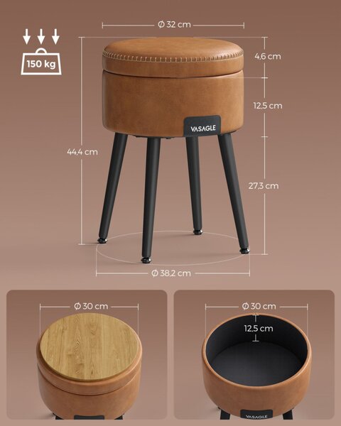 VASAGLE EKHO tároló puff műbőr karamell barna mid-century modern stílusban