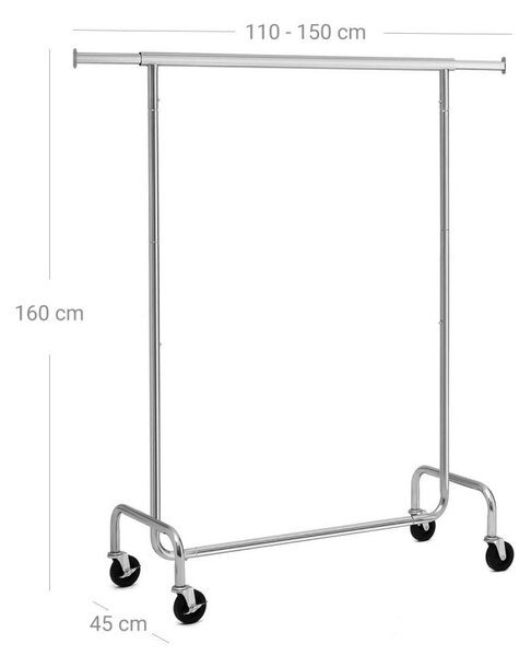 SONGMICS Állítható Króm Ruhaállvány Görgős 130 kg Teherbírással