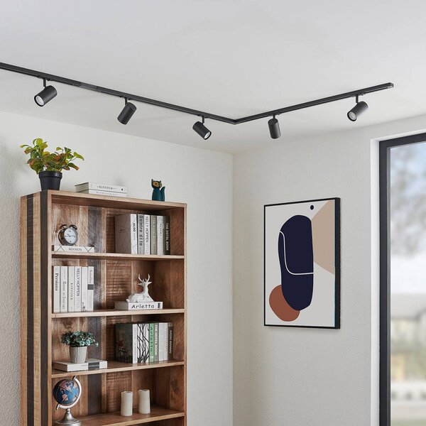 Lindby 1-körös sínrendszer Linaro, GU10, 5 lámpás, fekete, dimmelhető, Fekete, Folyosó, Alumínium, Modern