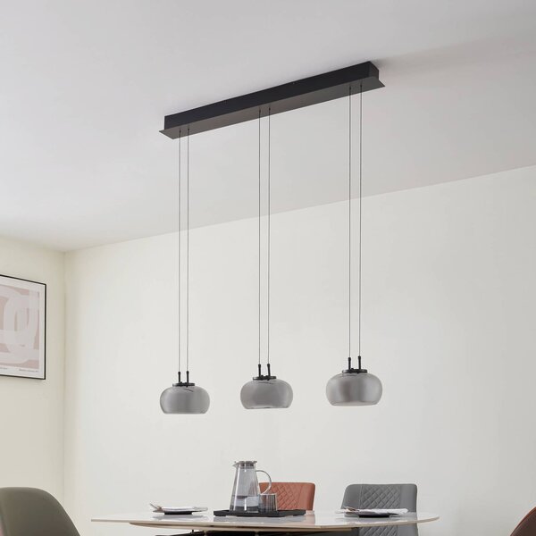Lucande LED-es függőlámpa Dain, 3-lámpás, füstszürke, üveg, Alu / szürke / cink, Nappali / Étkező, Üveg, Modern