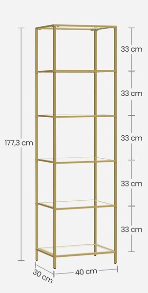 VASAGLE Elegance 6-Szintes Üvegpolc Arany Acélvázzal
