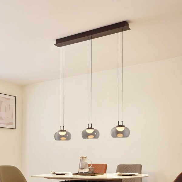 Lucande LED-es függőlámpa Dain, 3-lámpás, füstszürke, üveg, Alu / szürke / cink, Nappali / Étkező, Üveg, Modern